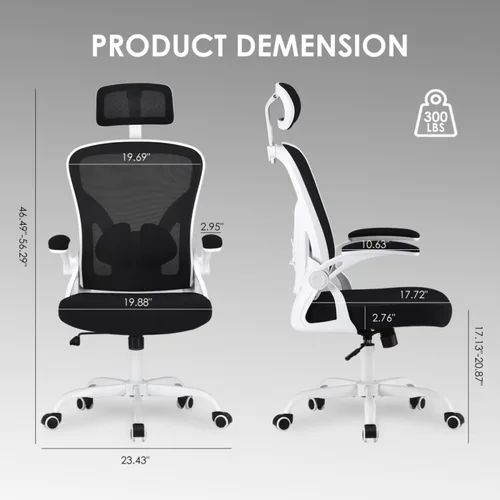 Vista 2 de Silla de oficina ergonómica con reposacabezas ajustable y soporte lumbar, silla de escritorio de malla de respaldo alto con reposabrazos abatibles