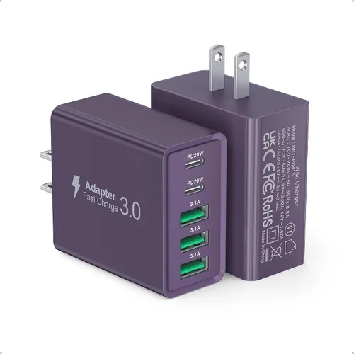 Vista 10 de [Paquete de 2] Cargador de pared USB C, bloque de cargador USB C de 60 W, bloques de carga rápida PD de 5 puertos, enchufe multipuerto 2USB C + 3USB