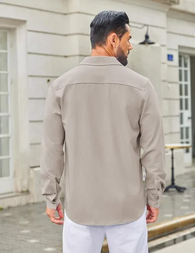 Vista 13 de COOFANDY Camisa de vestir casual de mezclilla con botones y manga larga para hombre