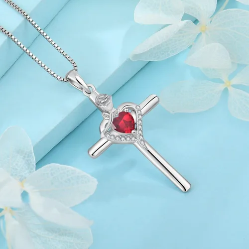Vista 2 de FJ Collar de cruz infinita para mujer, colgante de corazón de flor de rosa plateada con piedra natal creada
