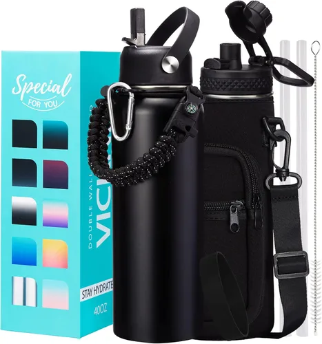 Vista 27 de Botellas de agua de 32 onzas aisladas con pajita y tapa para beber de un sorbo, asa de paracord, bolsa de transporte con correa, termo de triple