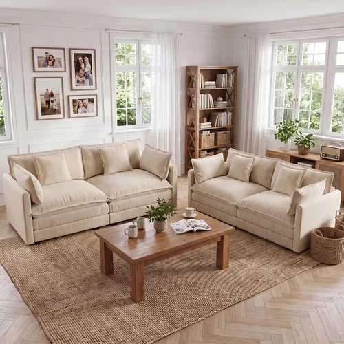 Vista 31 de Tmsan Chenille Cloud - Juego de sofá y silla, color beige y blanco Blanco beige