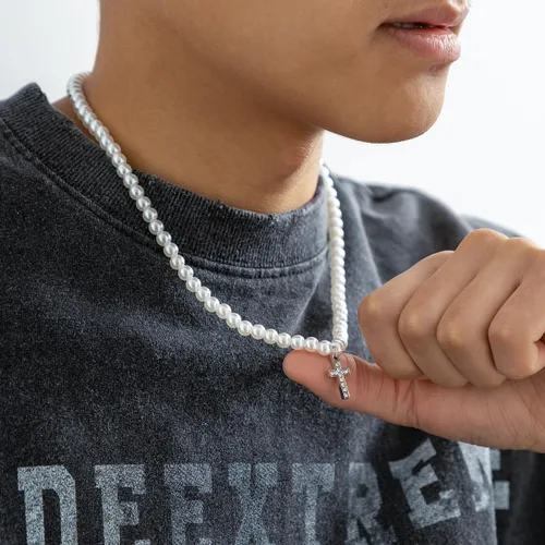 Vista 4 de Collar de perlas para hombre, collar de cadena cubana de varias capas, collar de perlas artificiales para mujeres y hombres, regalos