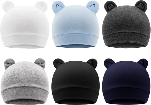 Vista 16 de DRESHOW BQUBO - Paquete de 6 gorros de bebé para niños y niñas, unisex, gorro de punto suave, gorro de guardería para recién nacidos, niños pequeños