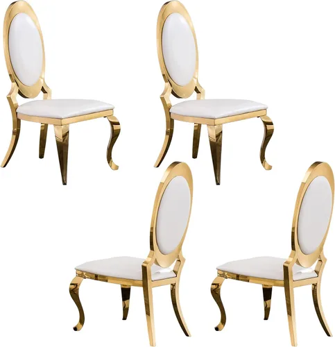 Vista 14 de ACEDÉCOR Sillas de comedor blancas y doradas, modernas sillas de piel sintética blanca, magnífica silla ovalada con respaldo de acero inoxidable