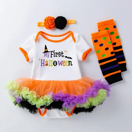 Vista 4 de Conjunto de mameluco de manga corta para bebé recién nacido, con estampado de Halloween, camiseta larga
