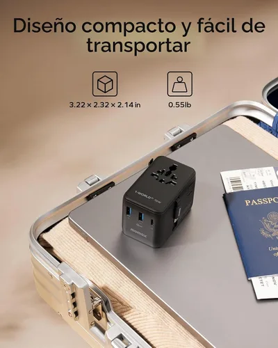Vista 6 de MOMAX Adaptador de viaje universal de 70 W, adaptador de corriente internacional 6 en 1 con cable retráctil USB-C, adaptador de enchufe de CA dual