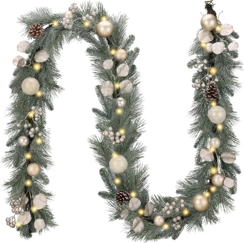 Vista 13 de Valery Madelyn - Guirnalda de Navidad de 1,8 m, preiluminada, con luces, para manto, guirnalda navideña iluminada para exteriores, con bolas