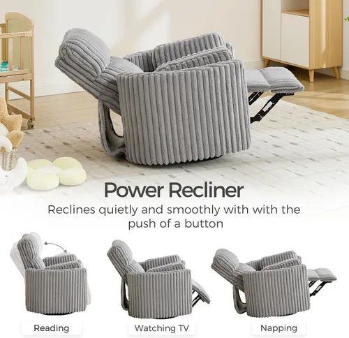 Vista 6 de Mecedora eléctrica giratoria con asiento basculante y reclinable Comfort Stretch para cuarto de bebé con 2 almohadas, silla reclinable eléctrica