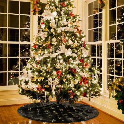 Vista 2 de Falda de árbol de Navidad negra de 30 pulgadas de piel sintética con purpurina dorada copo de nieve, falda de árbol suave y esponjosa