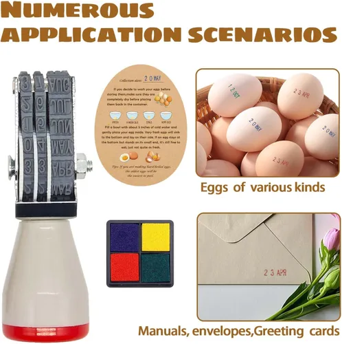 Vista 6 de Sellos de fecha de huevo para huevos frescos, con una almohadilla de tinta de cuatro colores, 50 Instrucciones de huevos frescos de granja, Kit