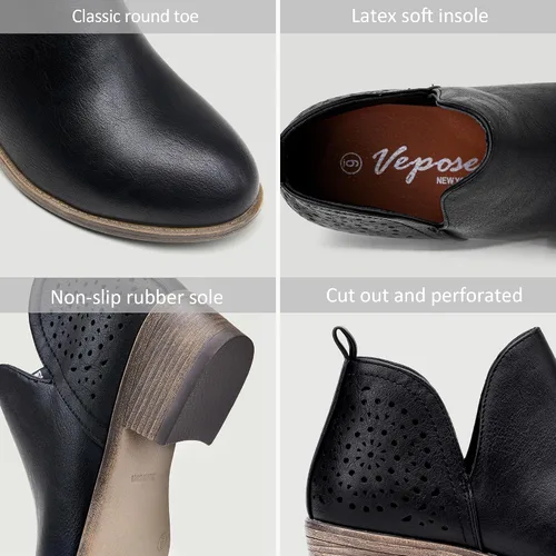 Vista 3 de VEPOSE botas al tobillo para mujer con tacón bajo y grueso, con perforaciones, botas de vaquero