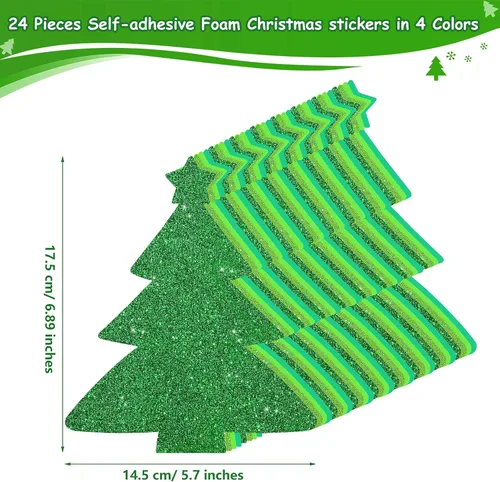 Vista 2 de 24 kits de calcomanías de espuma para árbol de Navidad, autoadhesivas a granel, calcomanías de espuma con purpurina para el invierno, kits