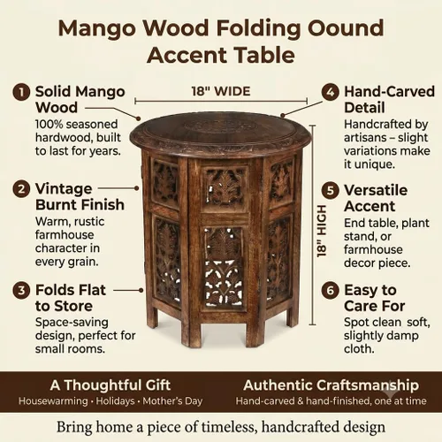 Vista 2 de Goroly Home - Mesa auxiliar octogonal plegable de madera de mango maciza, acento rústico de granja para sala de estar, dormitorio, entrada, espacios