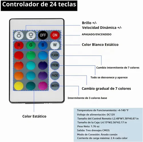 Vista 2 de Ruirui DC5V 24 Key IR Control remoto con 3.3 ft USB controlador IR en línea para 5050 2835 RGB LED tira de luz