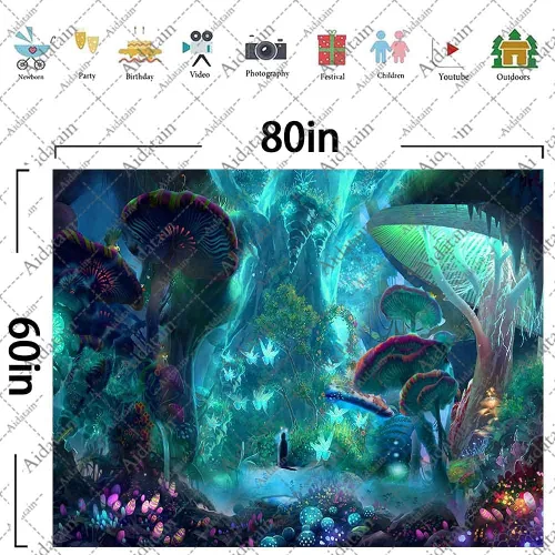 Vista 7 de Aidatain Tapiz de planta de hongos del bosque encantado, cuento de hadas, árbol grande, paisaje de selva, para colgar en la pared, de franela grande
