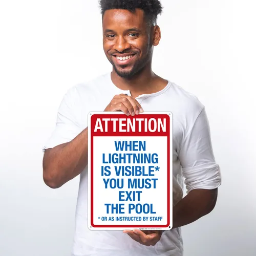 Vista 2 de Letrero con texto en inglés "Attention When Lightning is Visible You Must Exit The Pool - Letrero de piscina, 10 x 14 pulgadas, libre de óxido