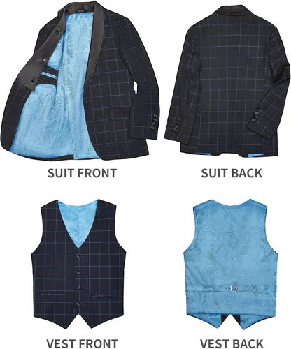 Vista 3 de ELPA ELPA Trajes de esmoquin para niños de 5 piezas, conjunto de trajes fornales para niños de 2 a 18 años, Cuadros azules