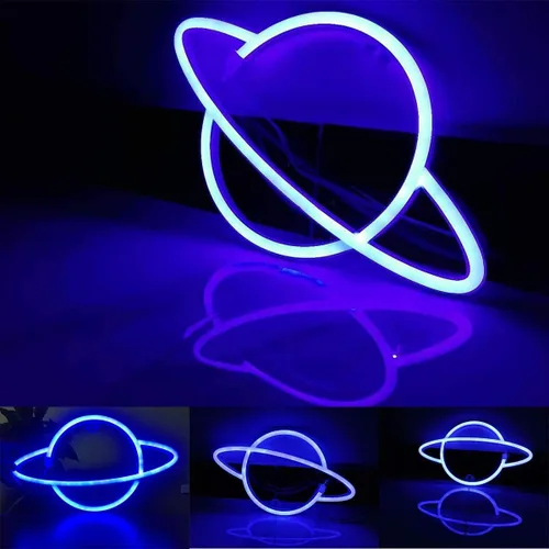 Vista 2 de Luces LED de neón, WONFAST Planet Rocket, letreros de neón acrílicos con pilas o USB, decoración de pared para habitación de niños, Navidad Azul