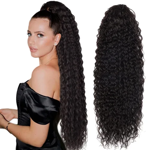 Vista 8 de Cola de caballo larga y rizada con cordón de 30 pulgadas, extensiones de cola de caballo sintéticas con clip, color negro para mujer, afro rizado