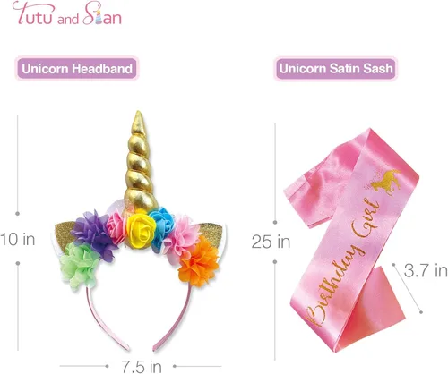 Vista 4 de Diadema de unicornio camiseta vestido tutú y banda de satén Traje de fiesta de cumpleaños de unicornio para niñas