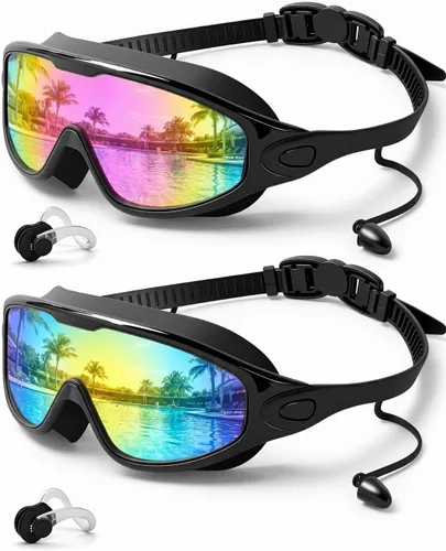 Vista 18 de Swim Goggles 2 Pack, Wide View Anti Fog&UV Swimming Goggles for Audlt, No Leak Pool Beach Essentials for Men Women Azul claro y rosa espejado