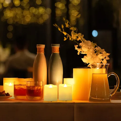 Vista 8 de FPOO Velas de té recargables sin llama con temporizador y control remoto, 12 velas votivas LED parpadeantes con 2 cables de carga USB, vela falsa