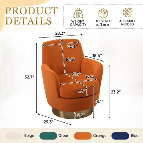 Vista 2 de Silla giratoria de 360°, silla giratoria de barril moderna y acogedora de 28.3 pulgadas, sofá redondo de peluche, cómoda silla de lectura pequeña