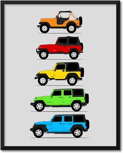 Vista 23 de Custom Car Posters Póster hecho a mano compatible con Jeep Wrangler Generations e impresión de CJ, YJ, TJ, JK, JL, estadounidense, 8 x 10 pulgadas