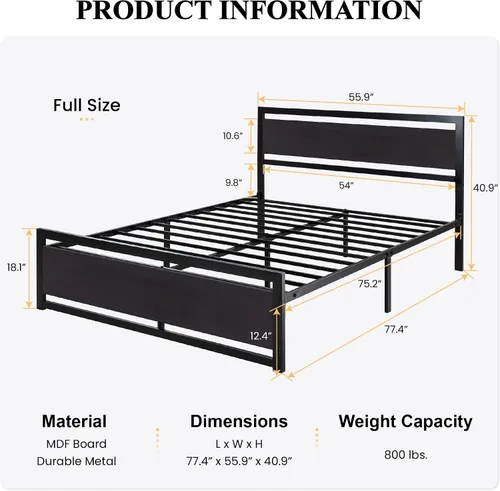 Vista 2 de SHA CERLIN Marco de cama tamaño completo con cabecera moderna, base de plataforma de metal resistente con pie de cama cuadrado y soporte de 13 Negro