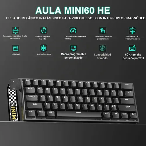 Vista 2 de Aula MINI60 HE Teclado inalámbrico para juegos 60%, teclado magnético de disparo rápido efecto Hall, sondeo de 8000 Hz, triple modo Negro