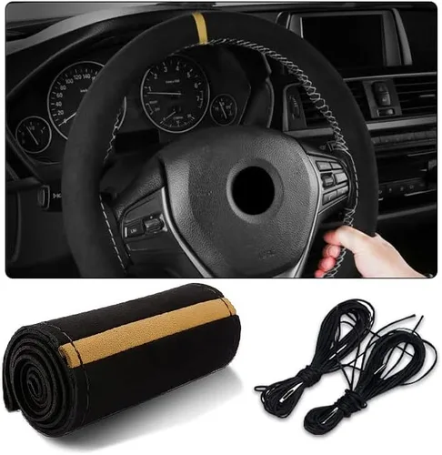 Vista 6 de AUCELI Funda para volante de automóvil, 38 cm de cuero genuino duradero con costura envolvente para hombres y mujeres, protector de volante