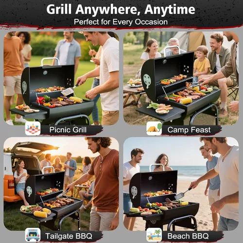 Vista 7 de Parrilla de carbón de barril: parrilla de BBQ al aire libre premium espaciosa con mesa lateral - Ideal para cocinar en el patio, asar en el patio