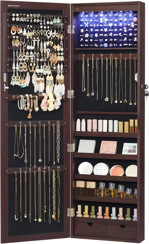 Vista 10 de Songmics - UJJC093B01 - Armario para joyas que se puede cerrar con llave, de montaje en pared o puerta, con espejo de 6 luces LED, para Negro