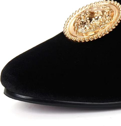 Vista 4 de Ajuste negro terciopelo mocasines zapatos para hombres con hebilla de león dorado hecho a mano pisos