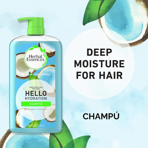 Vista 3 de Juego de champú y acondicionador hidratante Herbal Essences, libre de parabenos, Hello Hydration, seguro para cabello tratado con color, coco, azul