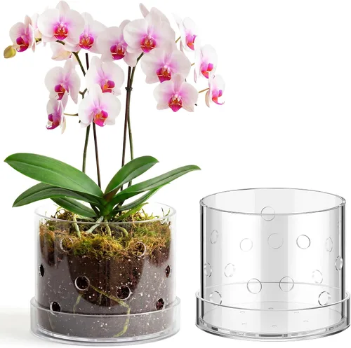 Vista 8 de Maceta de orquídea acrílica transparente de 4 pulgadas con agujeros redondos de 360° y bandeja