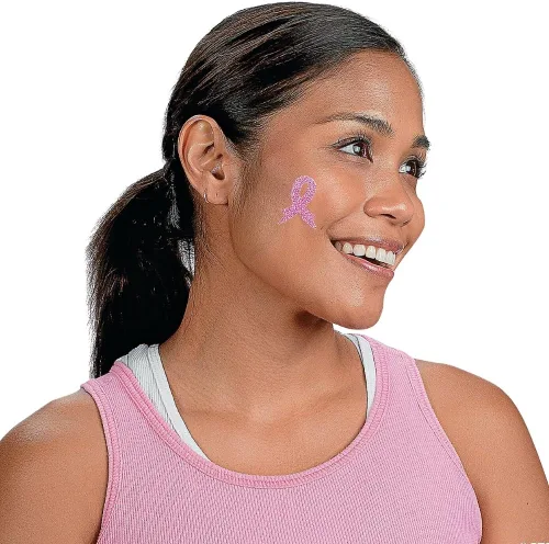 Vista 3 de Adhesivos para tatuajes corporales de concienciación sobre el cáncer de mama, cinta rosa con purpurina, 12 piezas