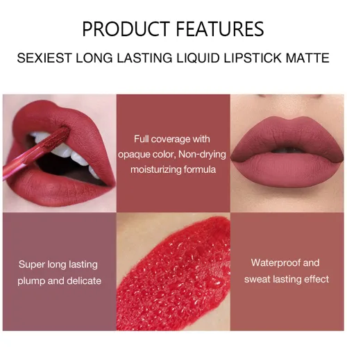Vista 9 de Juego de maquillaje líquido de lápiz labial mate, 6 piezas de larga duración, antiadherentes, no se decolora, kit de brillo de labios de terciopelo