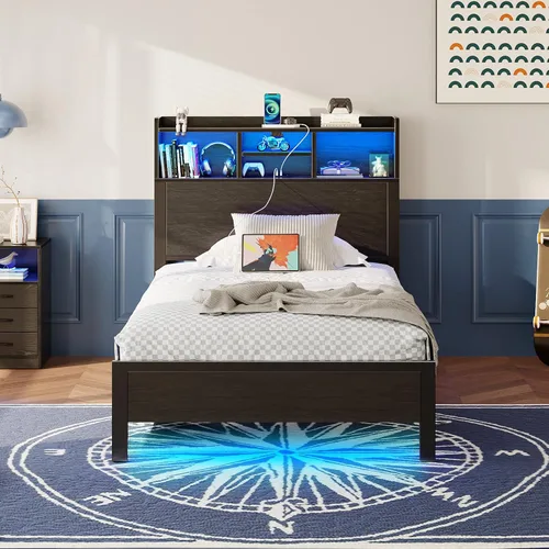 Vista 3 de Rolanstar Base de cama individual con cabecera de almacenamiento y estante lateral, plataforma de metal con estación de carga, cama individual LED