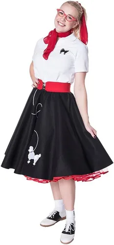 Vista 4 de Hip Hop 50's Shop Falda de caniche de los años 50, enaguas, polo con accesorios, conjunto de disfraz de 7 piezas para adultos