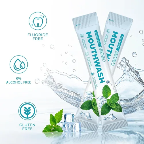 Vista 5 de Dincherbel Paquetes de enjuague bucal de viaje (60 unidades) – Lavado bucal de menta natural sin alcohol ni flúor – Paquetes individuales aprobados