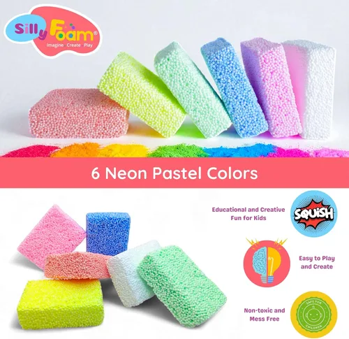 Vista 3 de Espuma Tonta, Cuentas de Espuma de Modelado Creativo, Paquete de 2 de 6 Primarios + 6 Bloques Pastel Neón, Sin Slime Sin Desorden, Perfecto