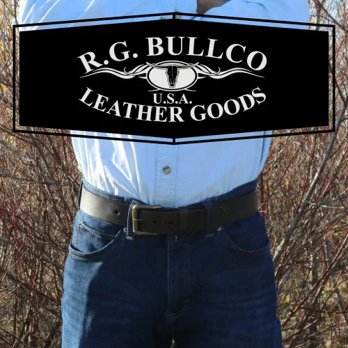 Vista 2 de R.G. BULLCO - Cinturón de piel auténtica de grano completo para hombre, 1-1/2 pulgadas, con hebilla de rodillo, estilo 123