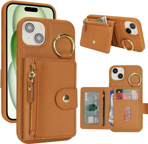 Vista 27 de Funda para iPhone 14 Plus con tarjetero, color negro Funda con cremallera y ranura para mujer y hombre