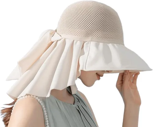 Vista 3 de Sombrero de sol para mujer de malla transpirable de secado rápido UPF 50+ con solapa para el cuello, ala ancha, gorra de playa para pesca Beige