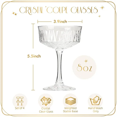 Vista 2 de VIMERPA Copas de Cupé, Juego de 4 Copas de Martini, Copas de Champán Vintage, Copa de Martini Grande de 8oz, Copa de Cóctel de Estilo Retro