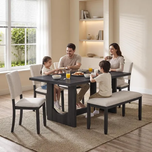 Vista 7 de Juego de mesa de comedor de 6 piezas con banco y 4 sillas Negro Beige-1