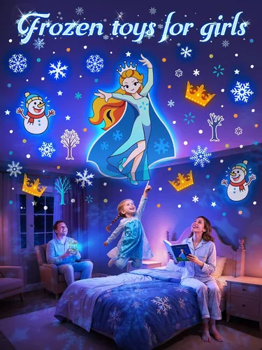 Vista 2 de Juguetes Frozen, luz nocturna de 15 músicas+16 películas+315 colores para niños, proyector de estrellas inalámbrico de 360°+control remoto
