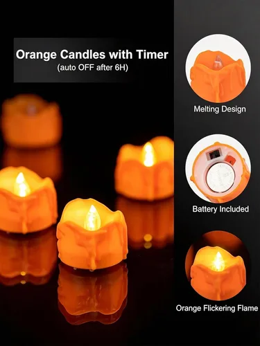 Vista 2 de 12 velas de té con temporizador de fusión naranja, funciona con Vela blanca cálida parpadeante, la batería incluye una duración de más de 100 horas
